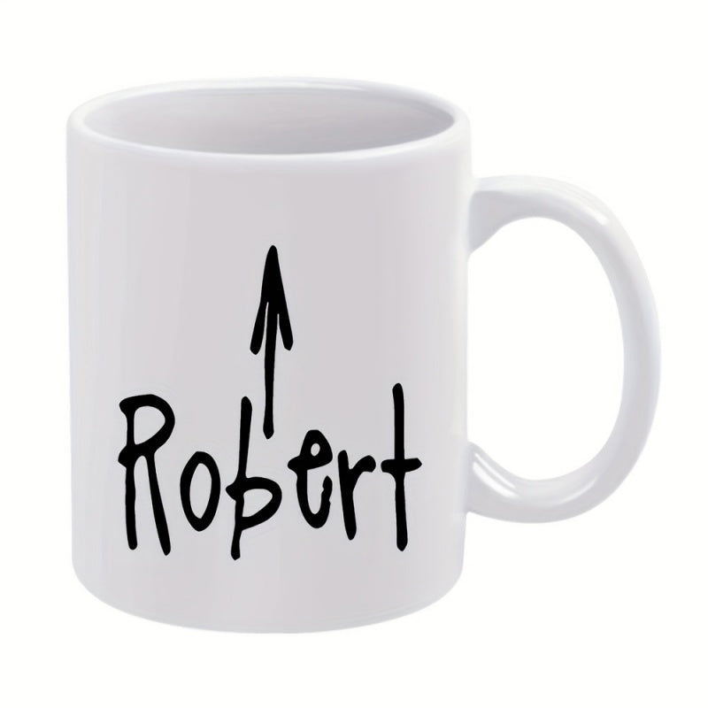 Tailorly White Ceramic 11 oz Mug - Robert Minimalist Black Hand Drawn Arrow Pointing Upward Above Simple Script Mug