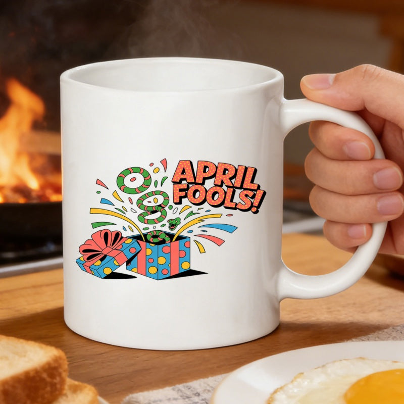 Tailorly White Ceramic 11 oz Mug - April Fools Vibrant Surprise Gift Box With Flying Confetti And Festive Spring Mug