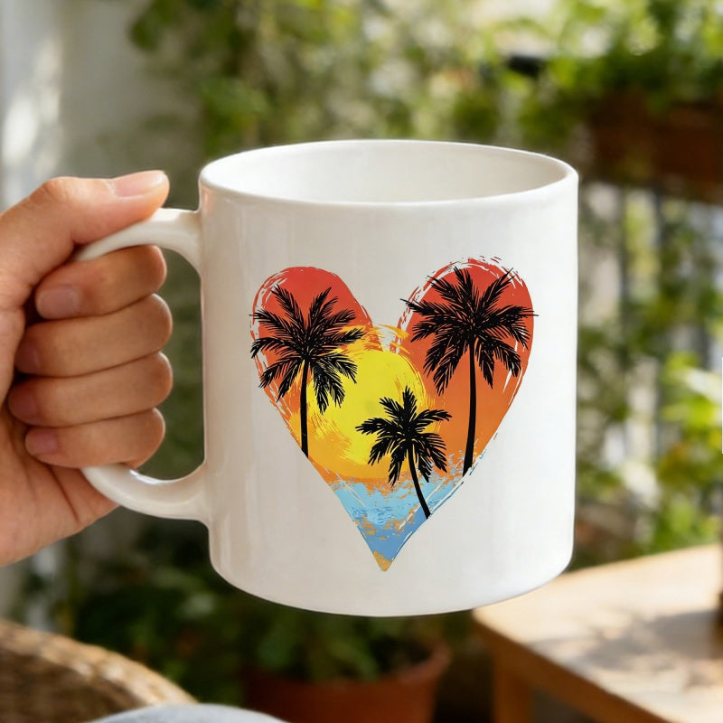 Tailorly White Ceramic 11 oz Mug - Tropical Sunset Scene With Palm Trees Inside A Decorative Artistic Heart