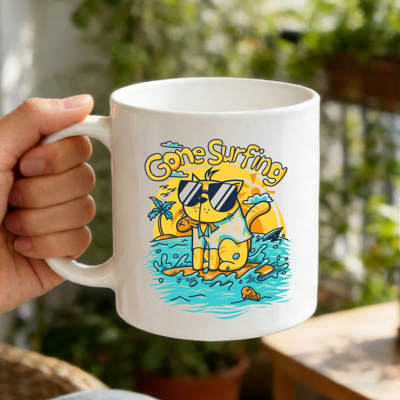 Tailorly White Ceramic 11 oz Mug - Gone Surfing Cartoon Cat Wearing Sunglasses Surfing On Ocean Waves With Bright Yellow Sun Cat
