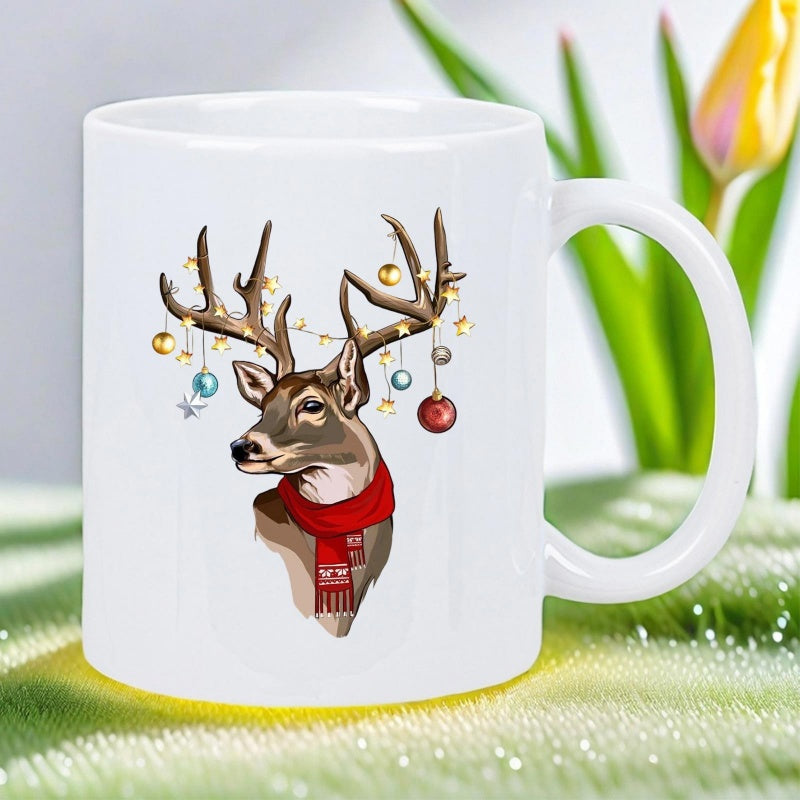 Tailorly White Ceramic 11 oz Mug - Festive Reindeer With Antlers Decorated By Hanging Ornaments And Scarf Deer