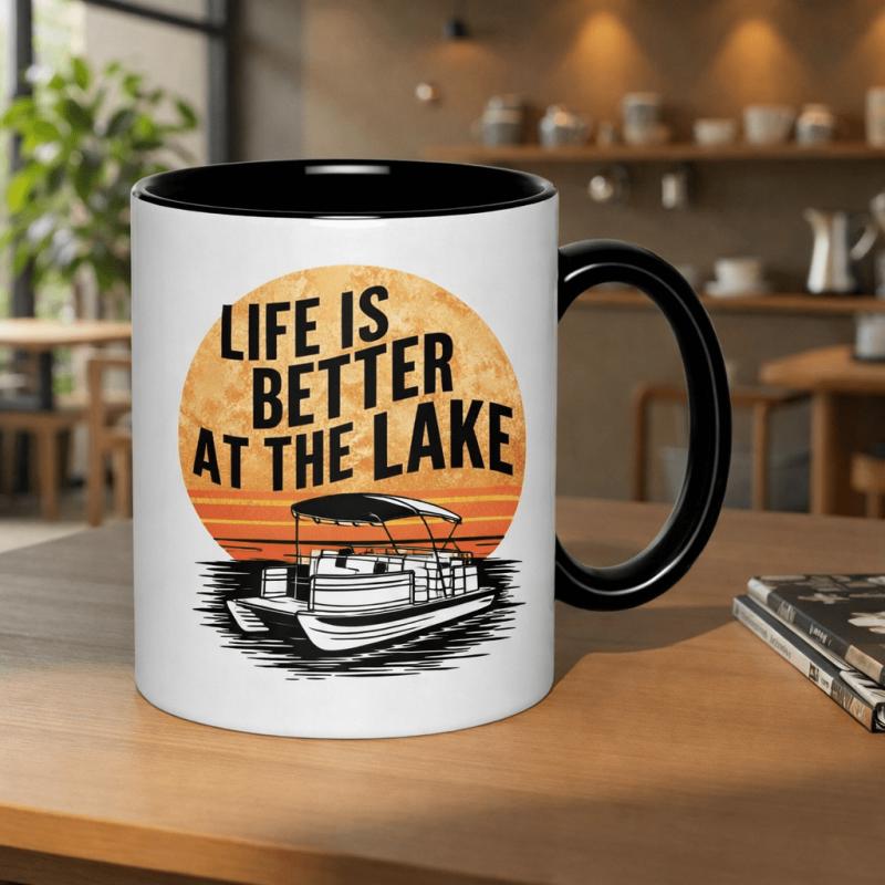 Tailorly Black Accent 11 oz Mug - boat sunset at the lake