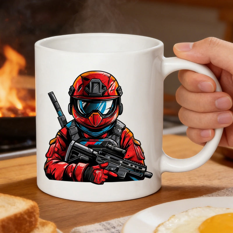Tailorly White Ceramic 11 oz Mug - Tactical Character Wearing Red Combat Helmet And Holding Assault Rifle Soldier