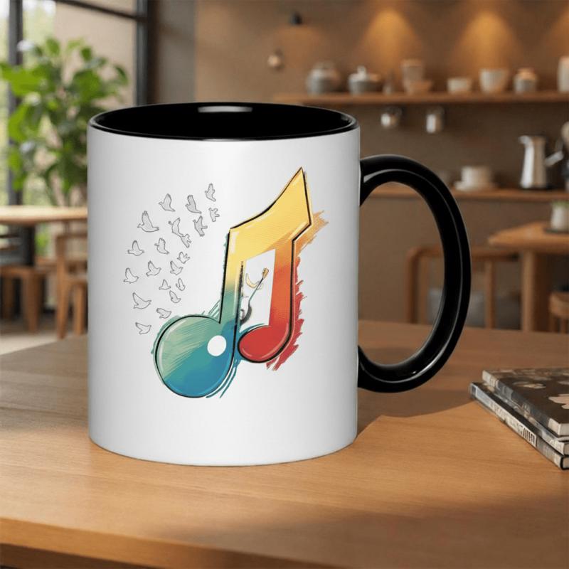 Tailorly Black Accent 11 oz Mug - colorful musical note and guitar strings seasonal holiday print