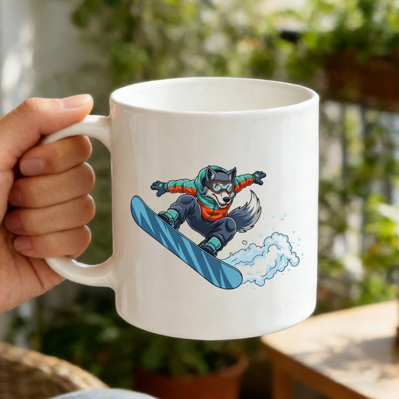 Tailorly White Ceramic 11 oz Mug - Cartoon Husky Snowboarding On Blue Board Through Splashing Cold White Snow Husky