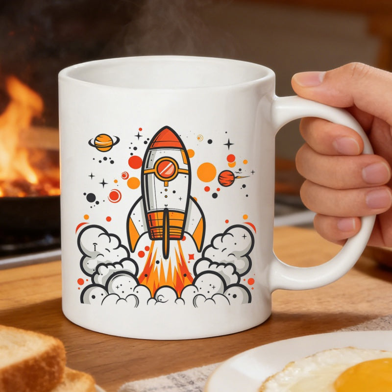 Tailorly White Ceramic 11 oz Mug - Cartoon Style Spacecraft Blasting Through Fluffy Clouds And Distant Little Planets Rocket