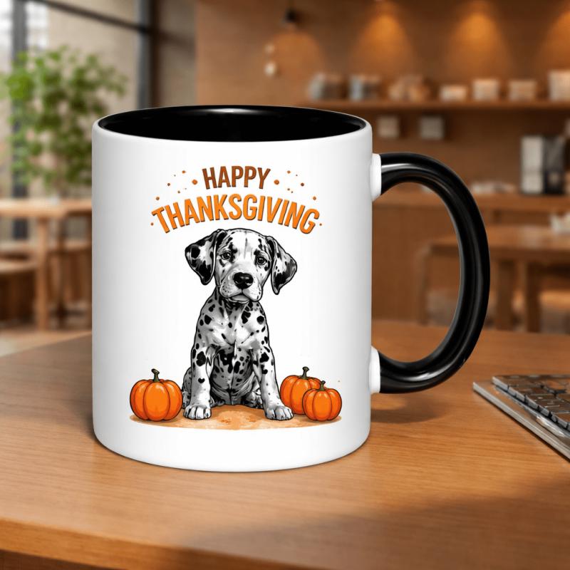 Tailorly Black Accent 11 oz Mug - thanksgiving with a dalmatian puppy design