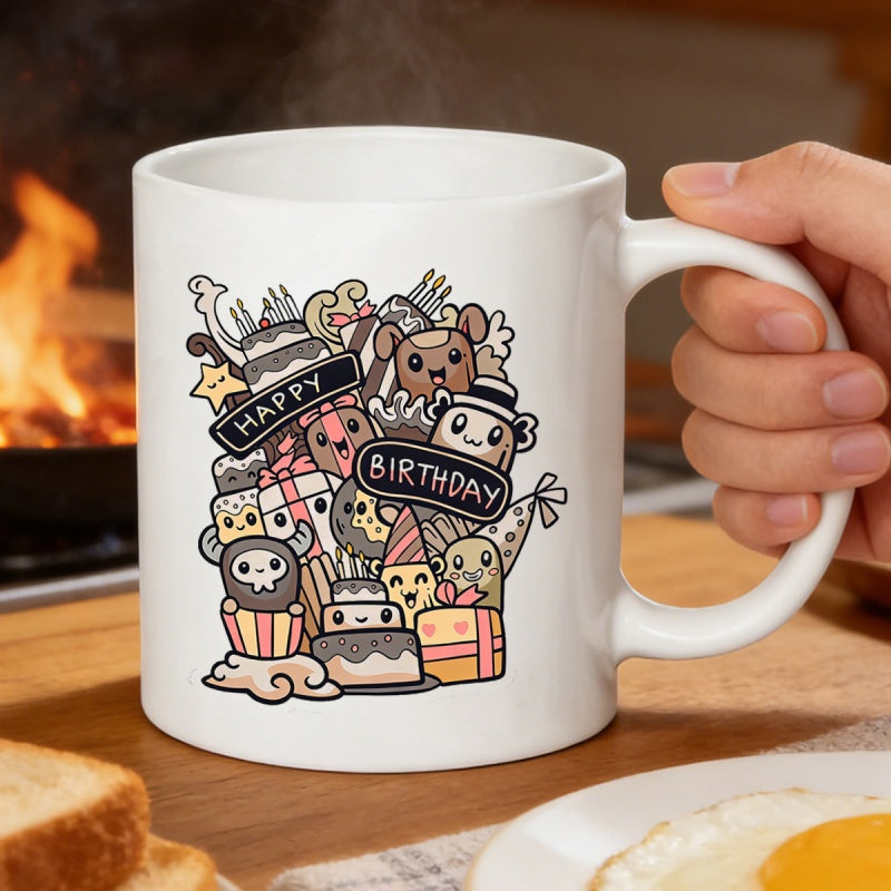 Tailorly White Ceramic 11 oz Mug - Happy Birthday Adorable Cartoon Characters Celebrating With Cake And Gifts In Playful Style Doodle