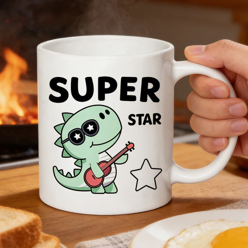 Tailorly White Ceramic 11 oz Mug - Super Star Cute Green Cartoon Character Wearing Star Sunglasses Playing Red Guitar Dinosaur