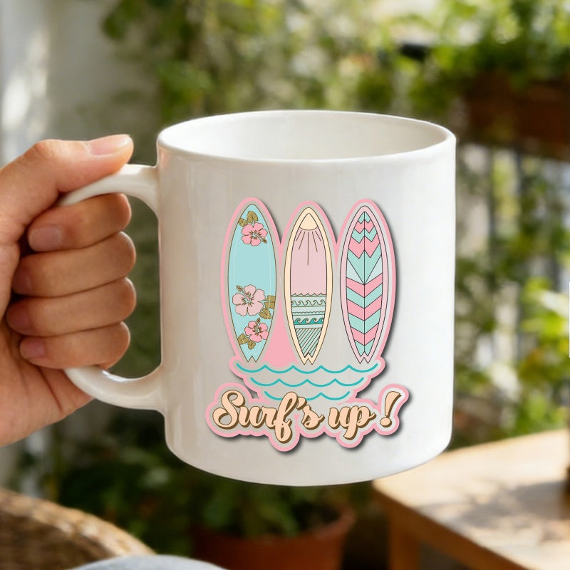 Tailorly White Ceramic 11 oz Mug - Surfs Up Three Colorful Pastel Boards Standing On Gentle Blue Ocean Waves Surfboard