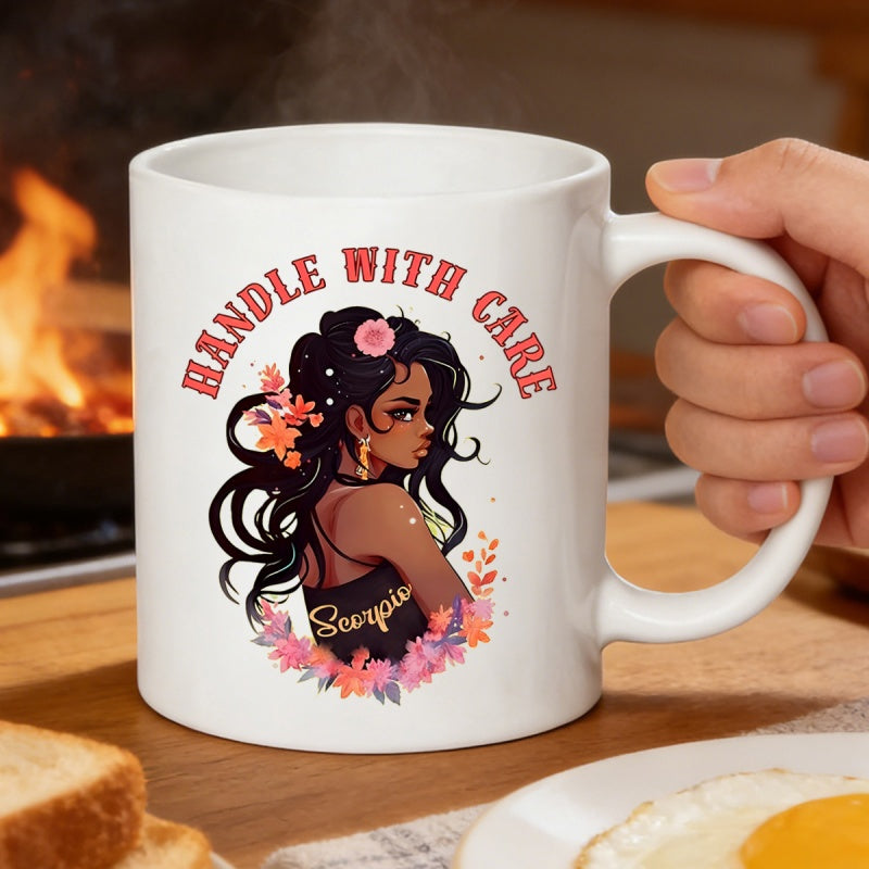 Tailorly White Ceramic 11 oz Mug - Handle With Care Scorpio Beautiful Dark Haired Girl With Flowers Among Colorful Blooming Floral Arrangement Woman