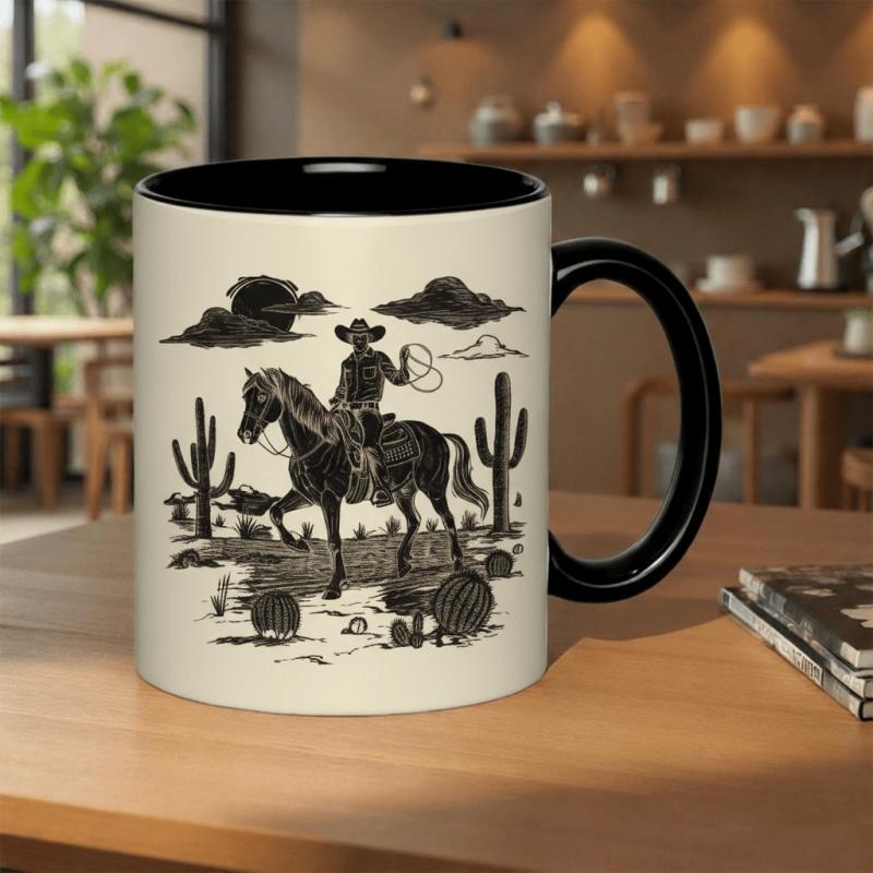 Tailorly Black Accent 11 oz Mug - cowboy riding horse lassoing in the desert with clouds