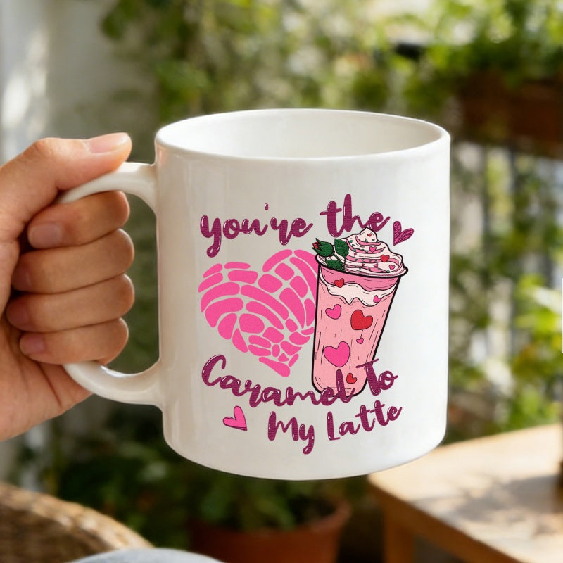 Tailorly White Ceramic 11 oz Mug - Youre The Caramel To My Latte Sweet Heart Shaped Pink Concha Beside A Creamy Whipped Strawberry Drink