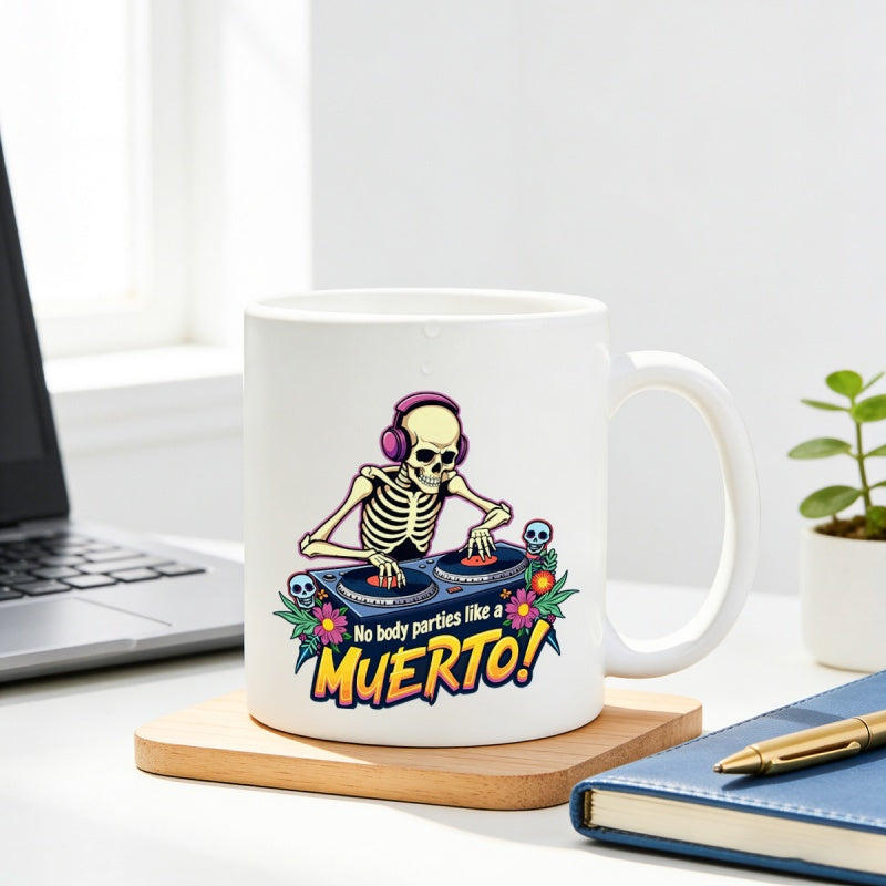 Tailorly White Ceramic 11 oz Mug - No Body Parties Like A Muerto Cartoon Skeleton Wearing Headphones Playing Music On Turntables Among Small Colorful Flowers
