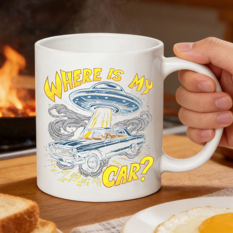 Tailorly White Ceramic 11 oz Mug - Where Is My Car Alien Spaceship Beaming Up Vintage Muscle Car Among Swirling Smoke Clouds UFO