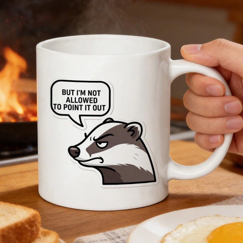 Tailorly White Ceramic 11 oz Mug - But Im Not Allowed To Point It Out Grumpy Cartoon Head With Sarcastic Speech Bubble Illustrative Badger