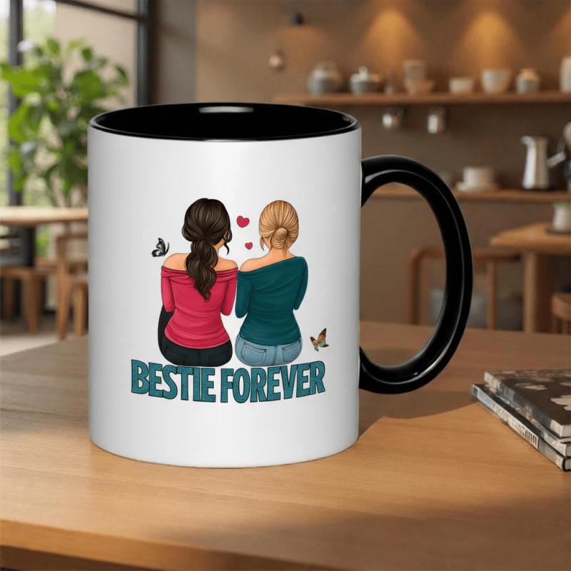 Tailorly Black Accent 11 oz Mug - bestie forever friendship illustration with butterflies and hearts