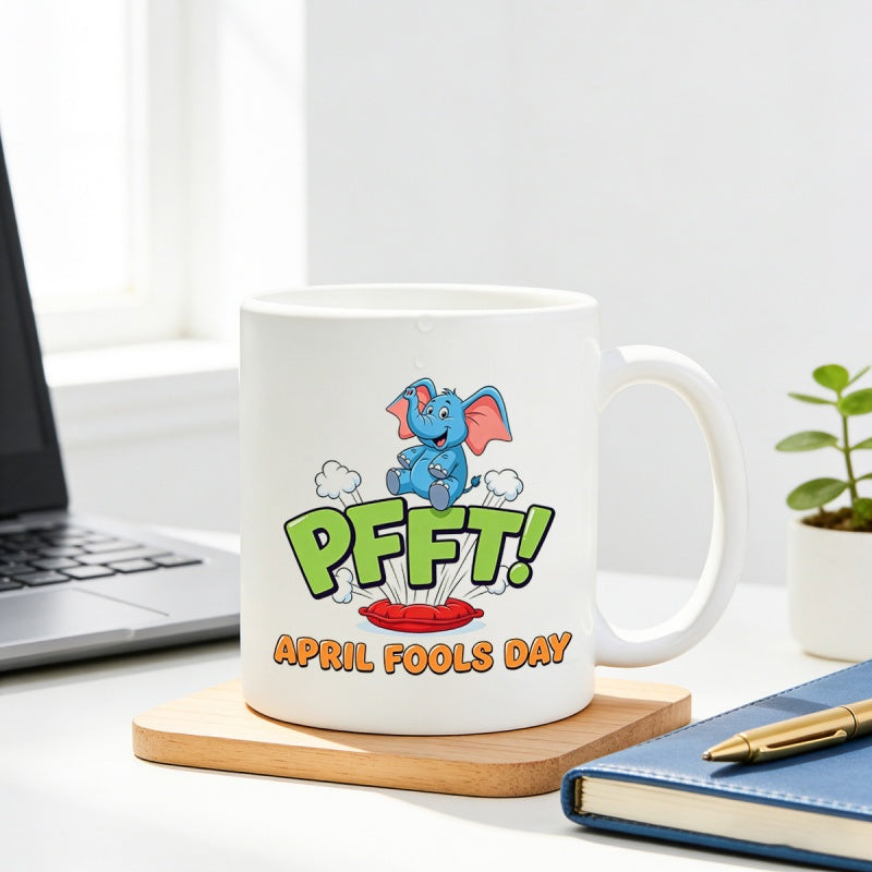Tailorly White Ceramic 11 oz Mug - Pfft April Fools Day Cute Blue Cartoon Elephant Sitting On A Squeezing Red Cushion Elephant