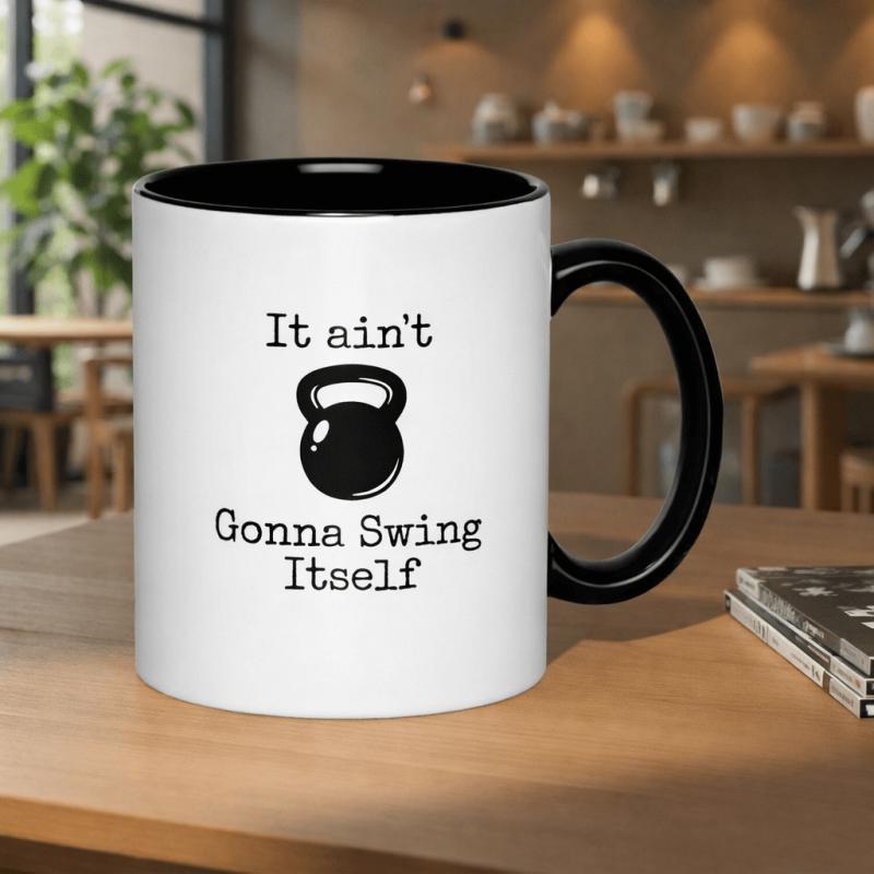 Tailorly Black Accent 11 oz Mug - this 11oz kettlebell motivation mug features a glossy print surface and black handles making it a perfect gift for
