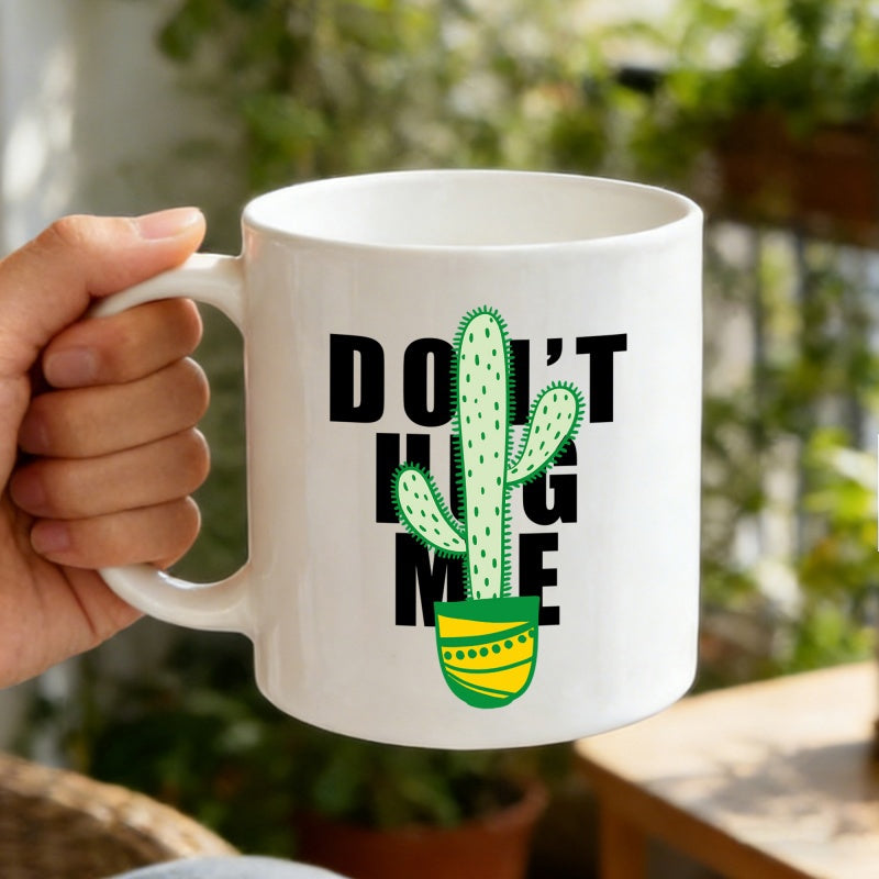 Tailorly White Ceramic 11 oz Mug - Dont Hug Me Vibrant Green Potted Plant With Sharp Prickly Thorns Cactus