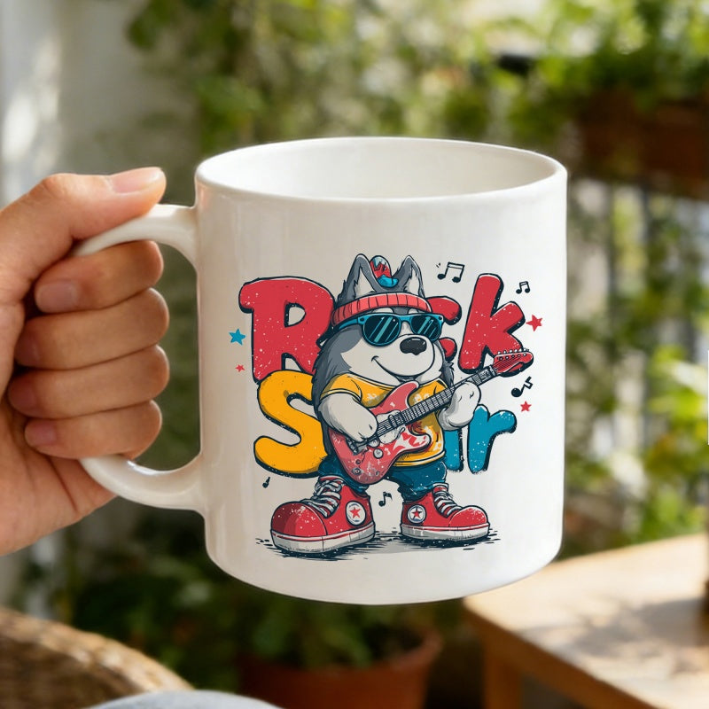 Tailorly White Ceramic 11 oz Mug - Rock Star Cool Husky Wearing Sunglasses Playing Electric Guitar Among Musical Notes Husky