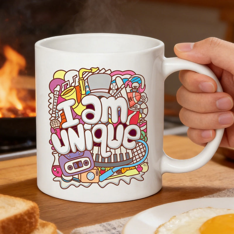 Tailorly White Ceramic 11 oz Mug - I Am Unique Colorful Doodle Art Featuring Musical Instruments And Sports Equipment Vibrant Mug