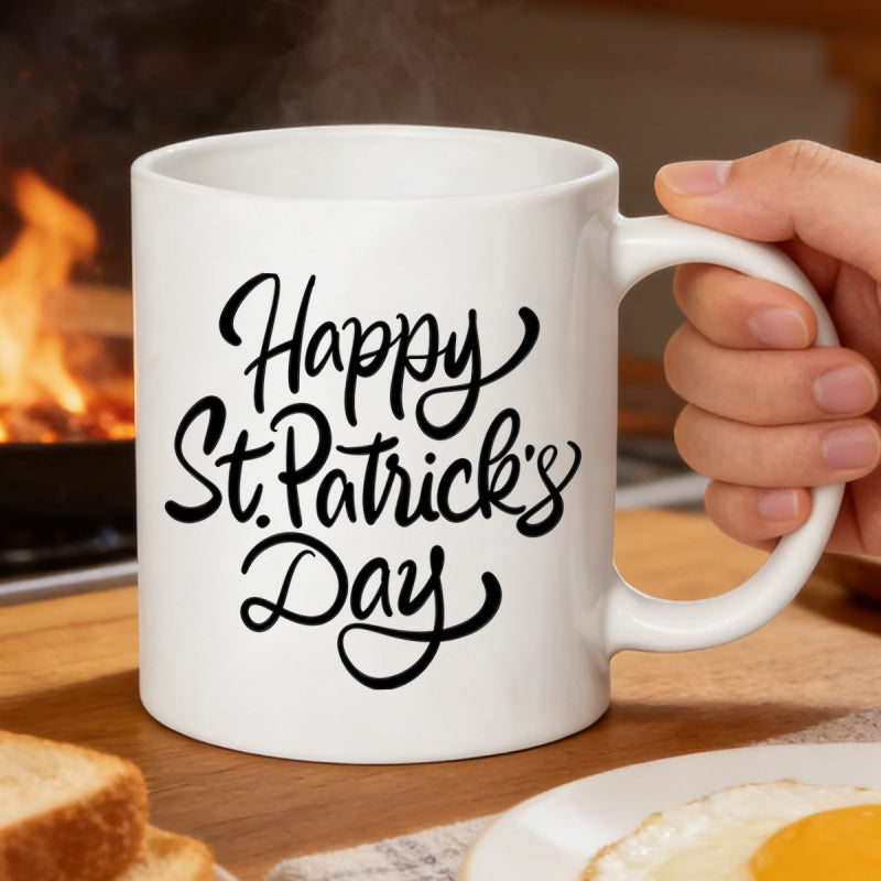 Tailorly White Ceramic 11 oz Mug - Happy St Patricks Day Elegant Cursive Script Lettering On A Minimalist Surface Coffee Mug