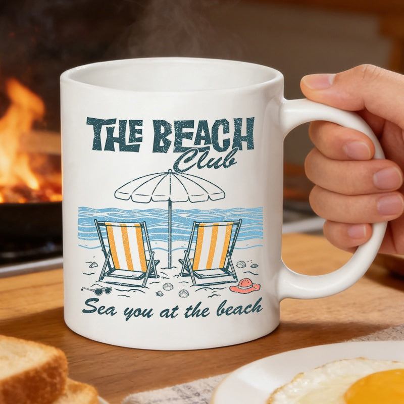 Tailorly White Ceramic 11 oz Mug - The Beach Club Sea You At The Beach Relaxing Two Striped Chairs Under Parasol On Sunny Sandy Coastline Beach Illustration