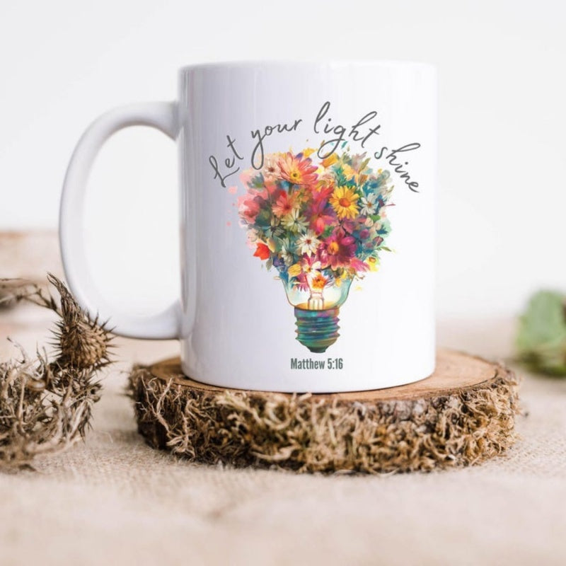 Tailorly White Ceramic 11 oz Mug - Let Your Light Shine Vibrant Wildflowers Blooming Within A Glass Filament Decorative Lightbulb