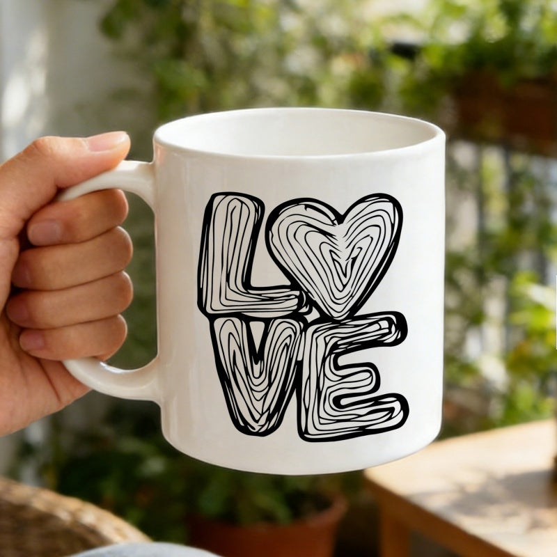 Tailorly White Ceramic 11 oz Mug - Love Hand Drawn Wood Grain Textured Heart And Blocky Letters Mug