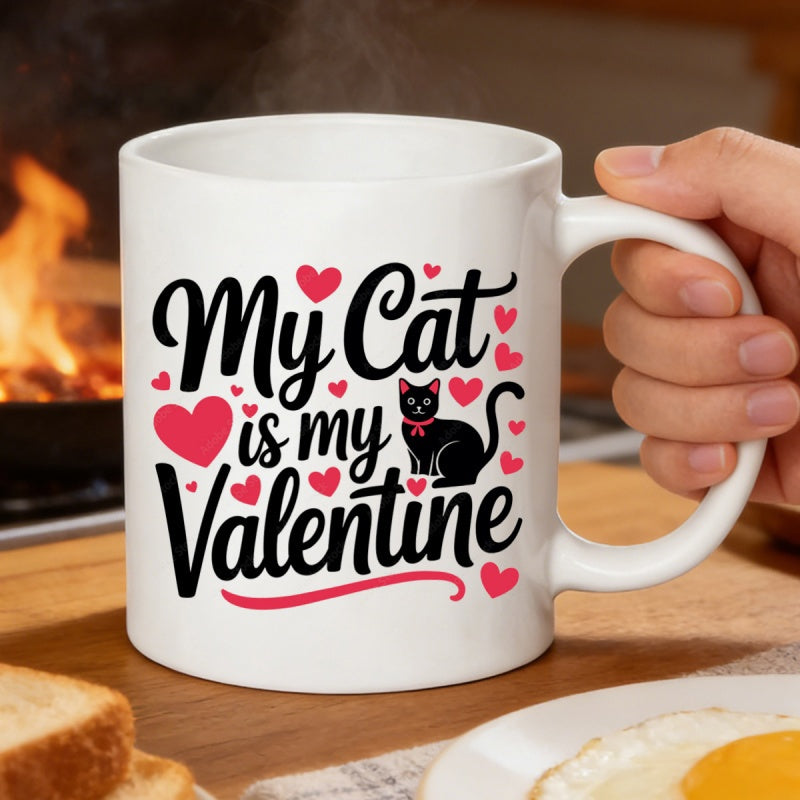 Tailorly White Ceramic 11 oz Mug - My Cat Is My Valentine Minimalist Feline Style Surrounded By Many Small Red Hearts Cat