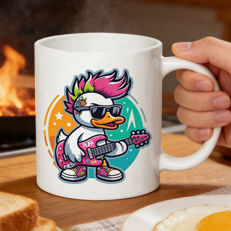Tailorly White Ceramic 11 oz Mug - Punk Rocker With Pink Mohawk Playing Electric Guitar Stylish Cartoon Duck