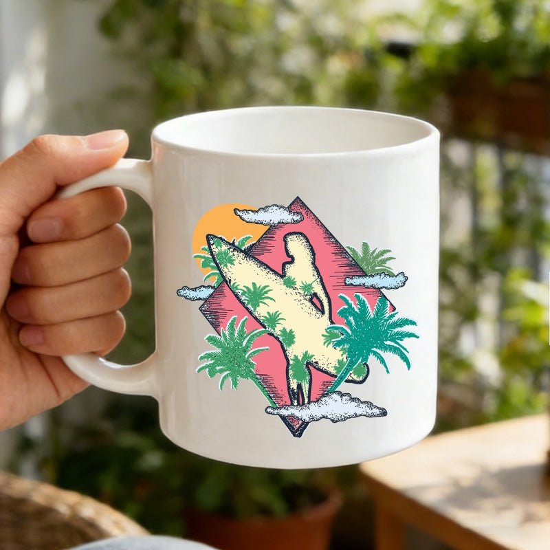 Tailorly White Ceramic 11 oz Mug - Vibrant Tropical Beach Elements Featuring Palm Trees And A Sunlit Surfer