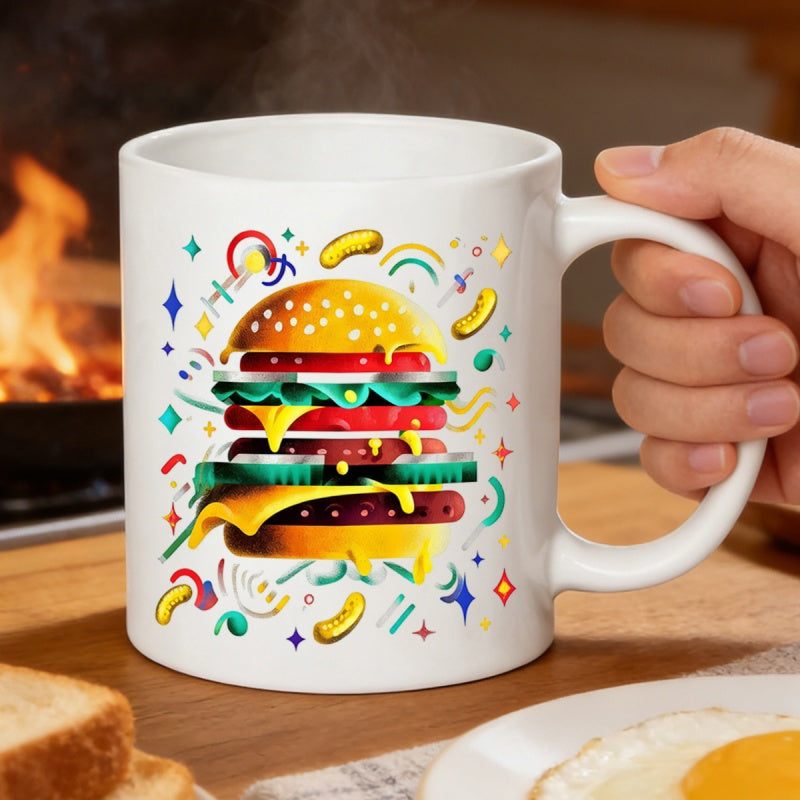 Tailorly White Ceramic 11 oz Mug - Colorful Layered Food Illustration Surrounded By Artistic Abstract Geometric Patterns Delicious Hamburger
