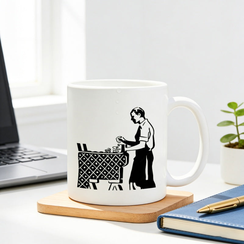 Tailorly White Ceramic 11 oz Mug - Vintage Style Artisan Working At A Table With Patterned Fabric Man