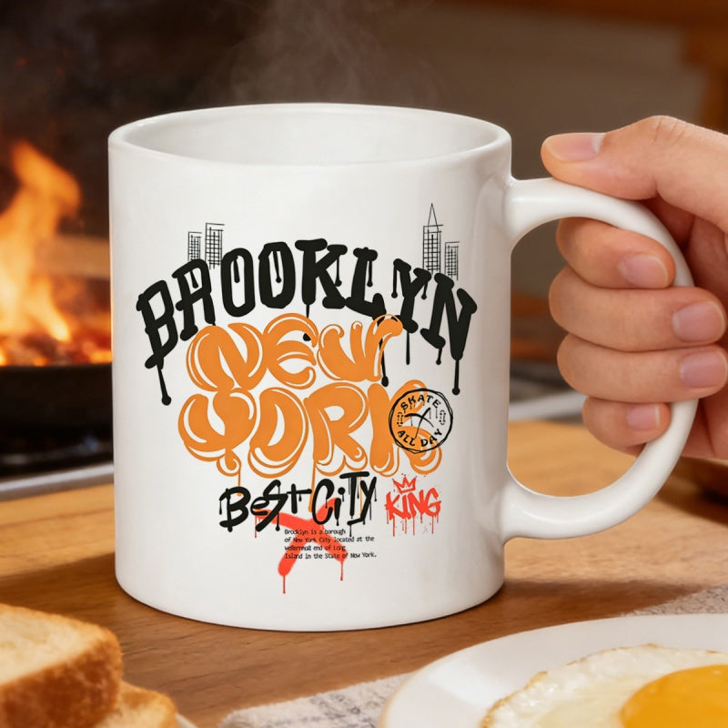 Tailorly White Ceramic 11 oz Mug - Brooklyn New York Best City King Urban Streetwear Design With Drip Fonts And Majestic City Skyline