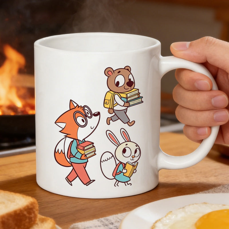 Tailorly White Ceramic 11 oz Mug - Cute Cartoon Forest Creatures Carrying Stacks Of School Books Together Animal