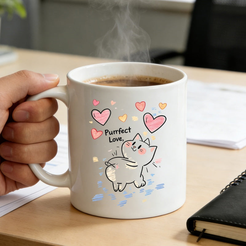 Tailorly White Ceramic 11 oz Mug - Purrfect Love Adorable Chubby Cartoon Character Among Floating Colorful Heart Shapes Cat