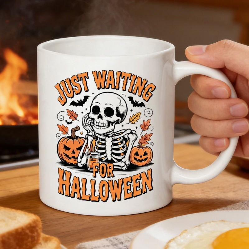 Tailorly White Ceramic 11 oz Mug - Just Waiting For Halloween Sitting Skeleton Surrounded By Carved Pumpkins And Flying Bats Skeleton