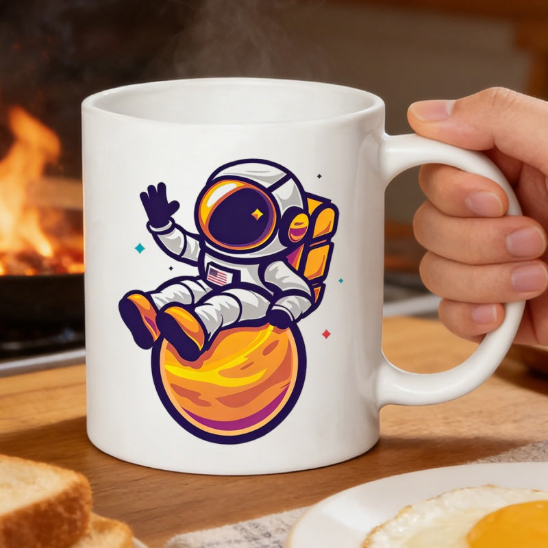 Tailorly White Ceramic 11 oz Mug - Cute Cartoon Figure Sitting Peacefully Upon A Glowing Small Golden Planet Astronaut
