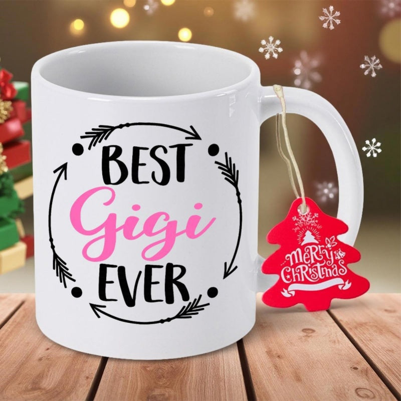Tailorly White Ceramic 11 oz Mug - Best Gigi Ever Minimalist Circular Arrow Wreath With Decorative Dots And Elegant Script Mug