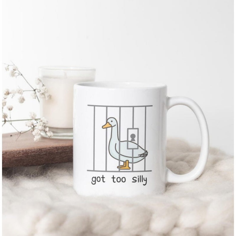 Tailorly White Ceramic 11 oz Mug - Got Too Silly Simple Line Art Cartoon Duck Trapped Behind Gray Prison Bars Duck
