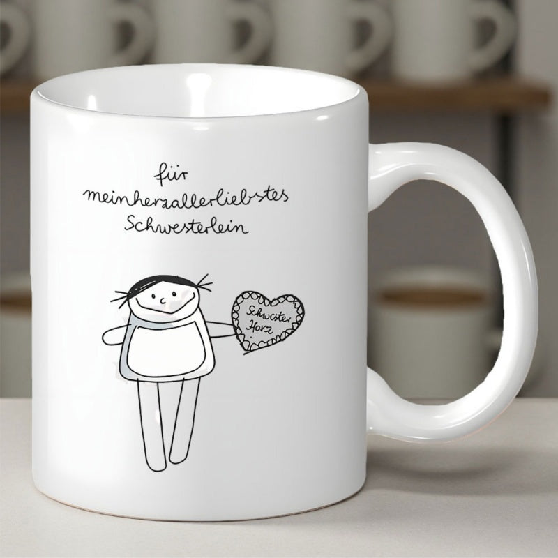 Tailorly White Ceramic 11 oz Mug - Minimalist Hand Drawn Sketch Featuring A Little Person Holding Heart Girl