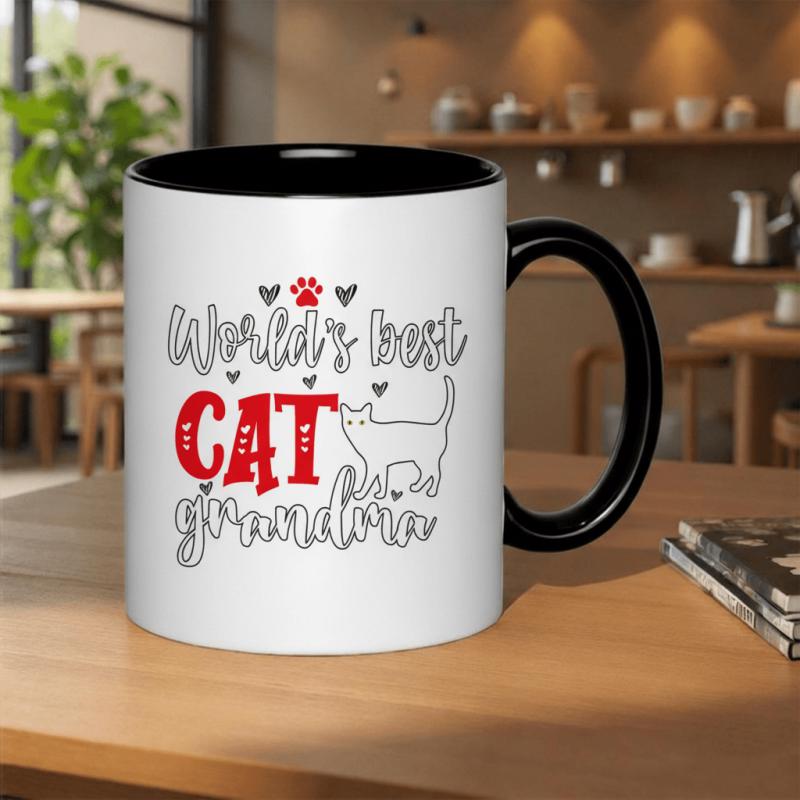 Tailorly Black Accent 11 oz Mug - cat and text "grandma cute kitty lover gift"