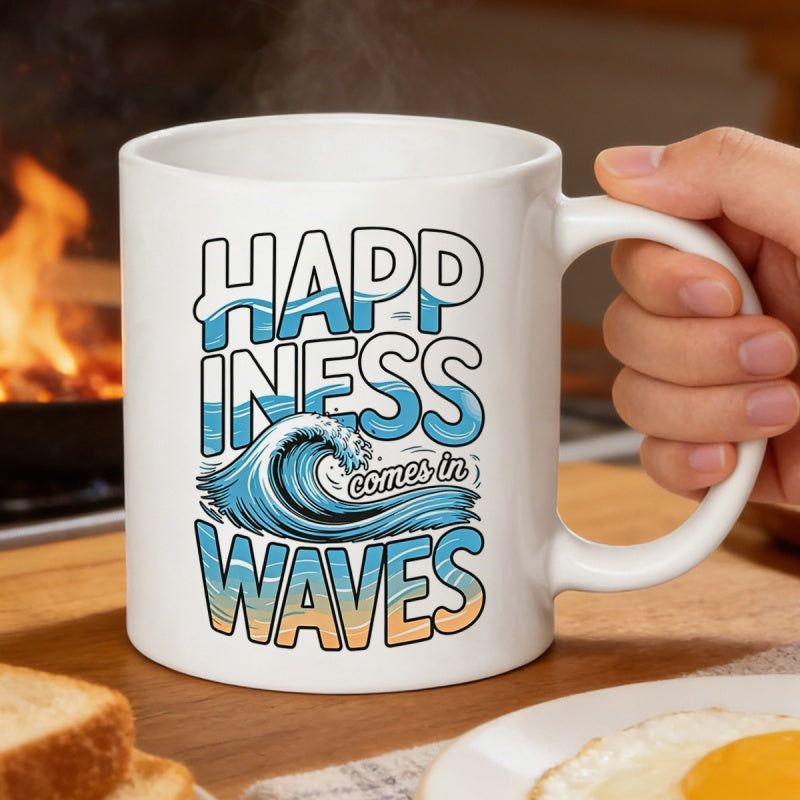 Tailorly White Ceramic 11 oz Mug - Happiness Comes In Waves Stylized Blue Ocean Surf Crashing Over Golden Sandy Beach Wave