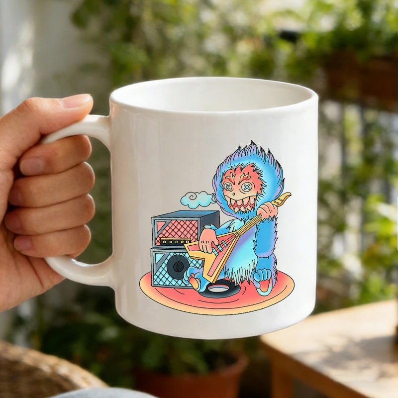 Tailorly White Ceramic 11 oz Mug - Blue Electric Guitar Playing Creature Next To Vintage Music Amplifiers Rock Monster