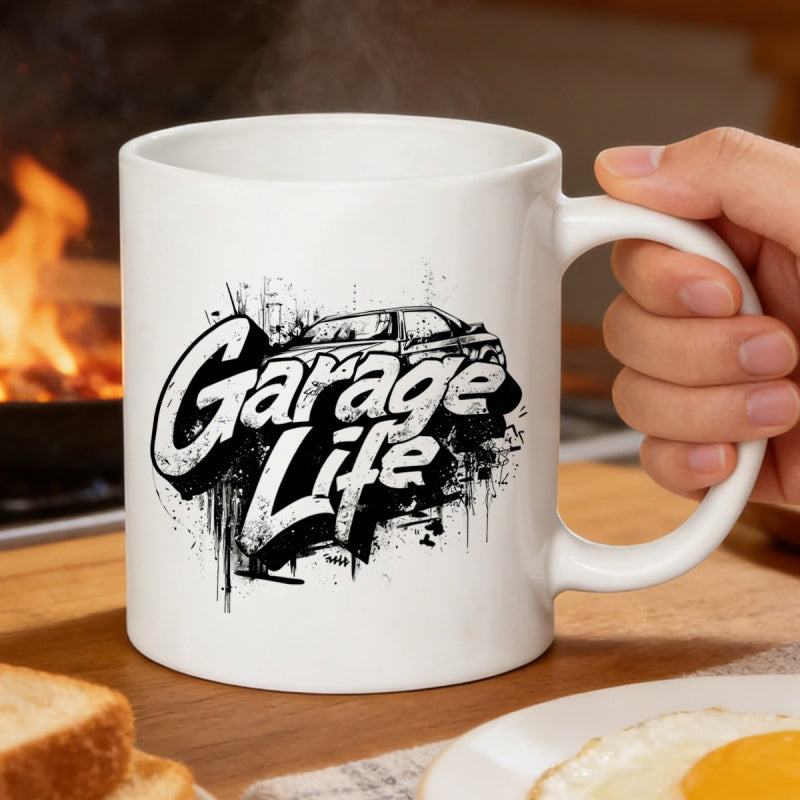 Tailorly White Ceramic 11 oz Mug - Garage Life Vintage Modified Sports Car Featuring Artistic Grungy Ink Splatter Details Car