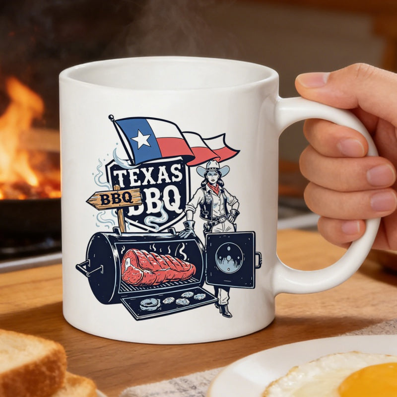Tailorly White Ceramic 11 oz Mug - Texas BBQ Vintage Style Cowgirl Standing Beside A Rustic Texas Flag Outdoor Smoker