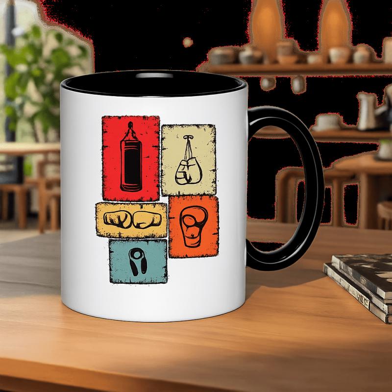 Tailorly Black Accent 11 oz Mug - vintage boxing gloves and hand gripper illustration
