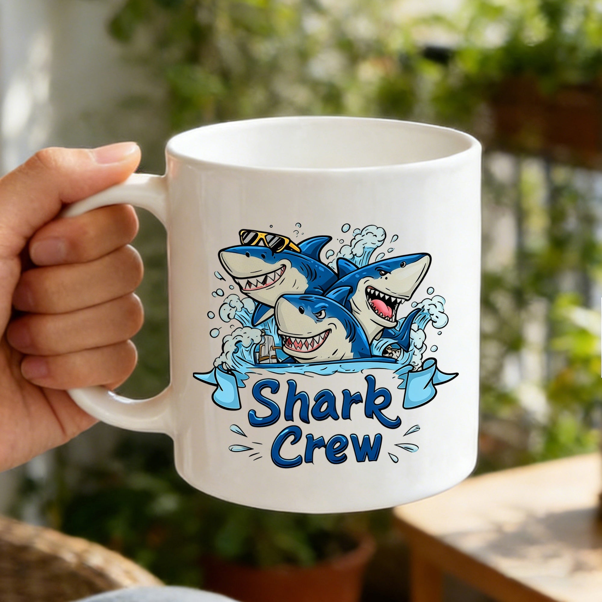 Tailorly White Ceramic 11 oz Mug - Shark Crew Three Blue Cartoon Sharks Splashing In The Ocean Water Shark